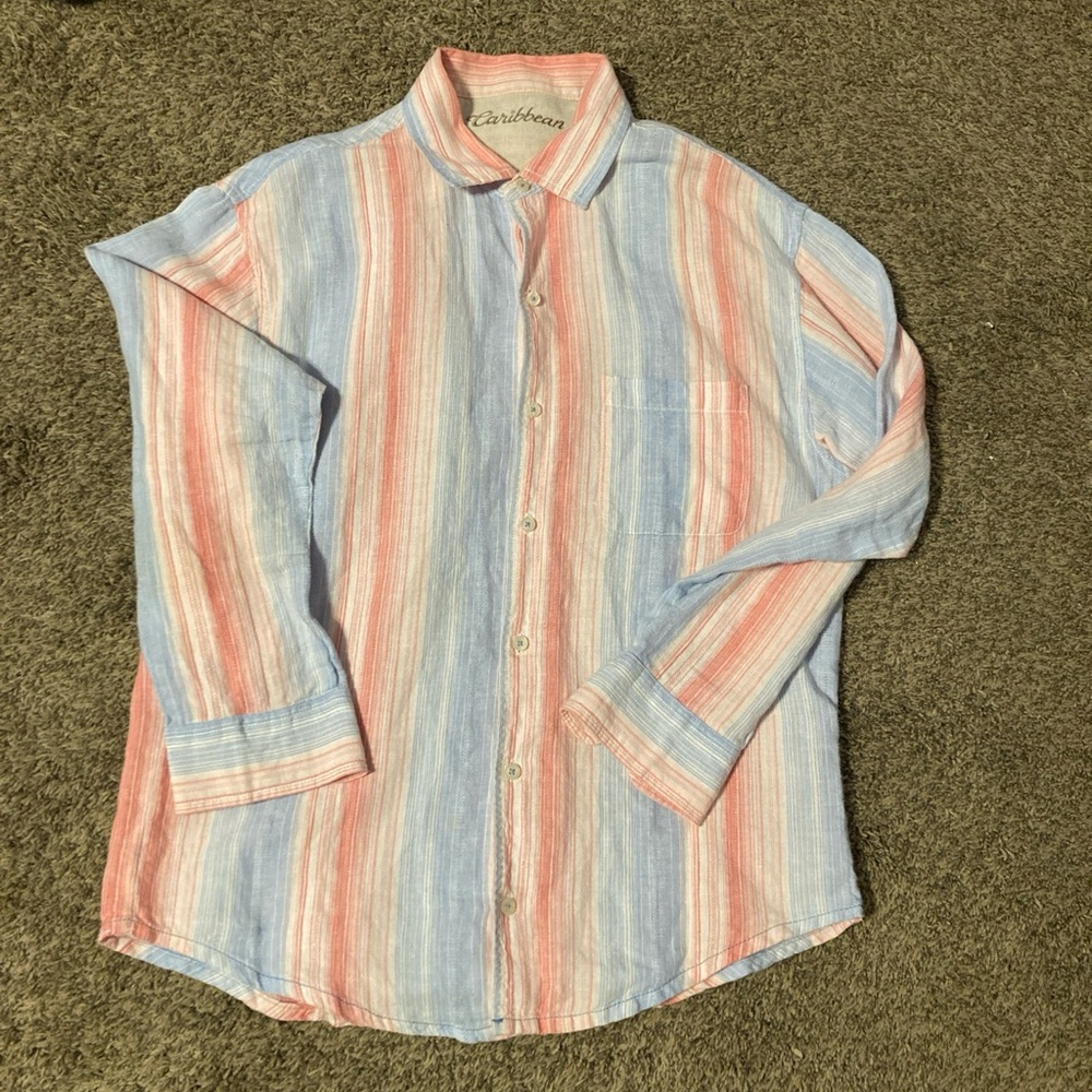 Caribbean Mens Linen Shirt Blue  Peach Striped Beach Weddings Long Sleeve Size L